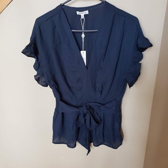 Max Studio Tops - NWT Max Studio Navy Blue Blouse With Waist Tie Ruffled Cap Sleeves Size Large